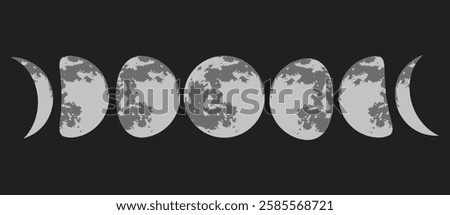 Moon Phases Illustration: Waxing Crescent, First Quarter, Waxing Gibbous, Full Moon, Waning Gibbous, Last Quarter, Waning Crescent - Detailed Lunar Cycle Representation