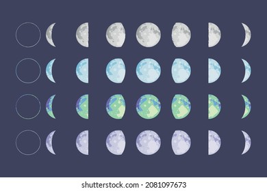 moon phases. illustrations in different styles of all lunar phases. eps 10