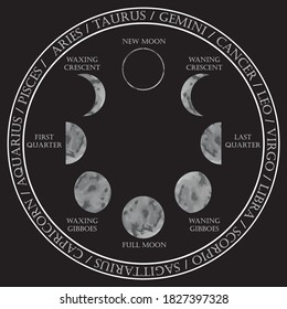 Moon Phases Illustrations with Zodiac Signs  - Astrological  Circle - Hand Drawn Mystic Themed Vector