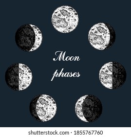 Moon phases image on black background. Hand drawn vector illustration of cycle from new to full moon. Different stages of moonlight activity in vintage engraving style
