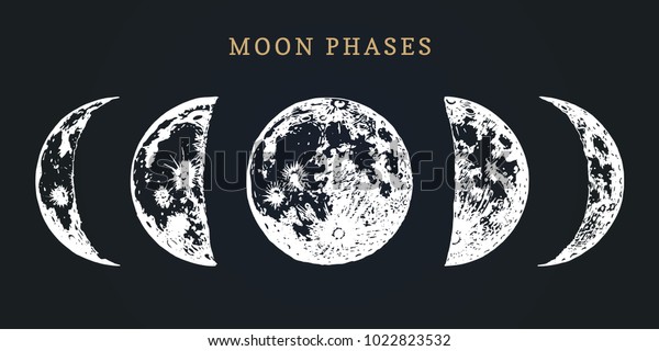 Moon phases image on black
background. Hand drawn vector illustration of cycle from new to
full moon.