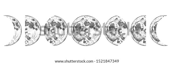 Moon phases\
isolated. Hand drawn\
illustration.