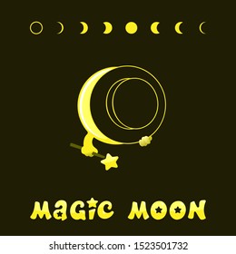 Moon phases, kawaii moon and magic show with magic hat. Cute comic with a waning moon and a waning moon. Vector illustration on a black background.