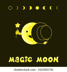 Moon phases, kawaii moon and magic show with magic hat. Cute comic with a waning moon and a waning moon. Vector illustration on a black background.