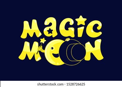Moon phases, kawaii moon and magic show with magic hat. Cute comic with a waning moon and a waning moon. Vector illustration on a black background.