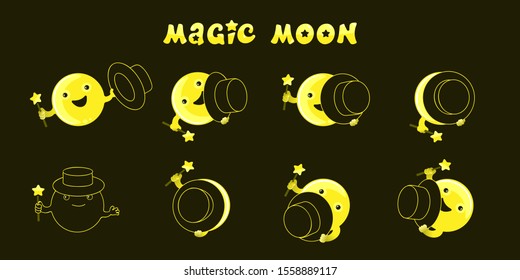 Moon phases, kawaii moon and magic show with magic hat. Cute comic with a waning moon and a waning moon. Vector illustration on a black background.