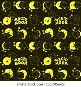 Moon phases, kawaii moon and magic show with magic hat. Cute comic with a waning moon and a waning moon. Seamless pattern on black background