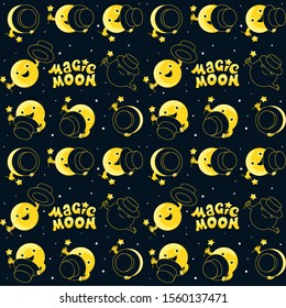 Moon phases, kawaii moon and magic show with magic hat. Cute comic with a waning moon and a waning moon. Seamless pattern on black background 