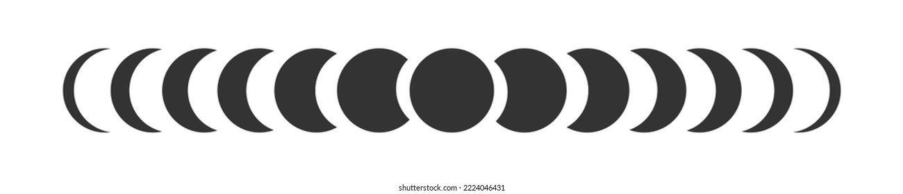 Moon phases. Lunar calendar cycle. Waning and waxing Luna sphere silhouettes isolated on white background. New, quarter, half and full Moon shapes. Astrology concept. Vector graphic illustration