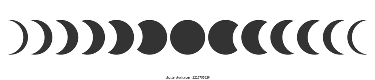 Moon phases. Lunar calendar cycle. New, quarter, half and full Luna sphere silhouettes isolated on white background. Astrology sings. Mystic symbols. Vector graphic illustration