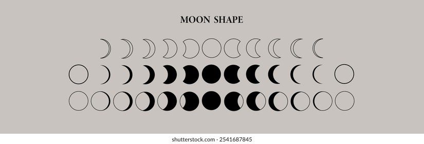 Moon phases. Lunar cycle black icons . 
Phases of solar and lunar eclipse .  Moon calendar. Flat style.
Vector illustration
