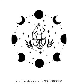 Mondphasen mit magischer, floraler Kristall-Vektorgrafik. Hexerei Symbol Edelstein. Prominente T-Shirt-Druck, Boho-Poster, Stamm-Tattoo. Handgezeichnetes mystisches Alchimie-Konzept. Moderne Kunst.