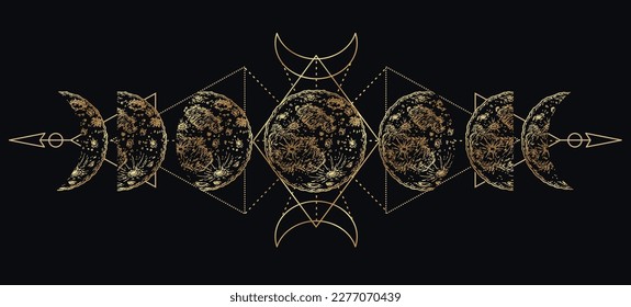 Moon phases. Moon magic. Mysterious moonlight activity stages.  Sacred geometry moon, magic astrology symbols, phases of moon. Mystic lunar phases for tattoo drawing. Sketch vector illustration. 