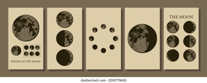 The Moon, Moon Phases in modern colors, contemporary aesthetic poster, background or card template in popular art style