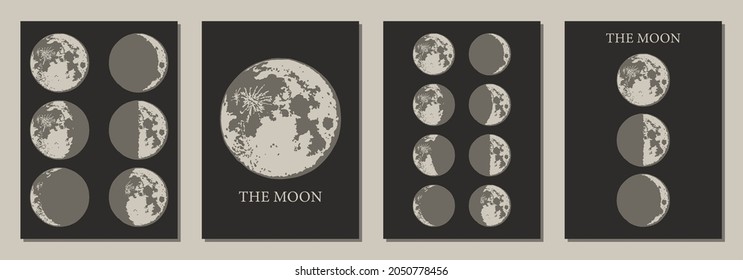 The Moon, Moon Phases in modern colors, contemporary aesthetic poster, background or card template in popular art style