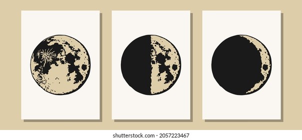 The Moon, Moon Phases in modern colors, contemporary aesthetic poster, background or card template in popular art style, vector illustration