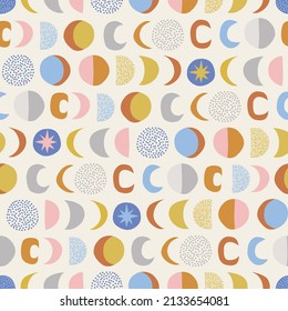 Moon Phases multicoloured abstract geometric shapes vector seamless pattern. Boho Baby Celestial childish gender neutral trendy print for fabric and nursery decor.