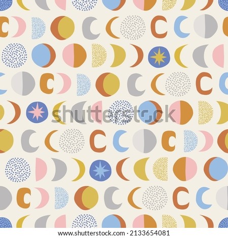Moon Phases multicoloured abstract geometric shapes vector seamless pattern. Boho Baby Celestial childish gender neutral trendy print for fabric and nursery decor.