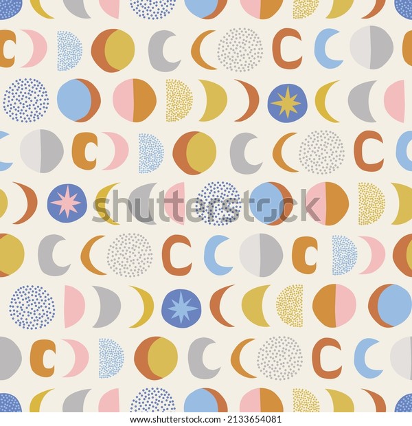Moon Phases multicoloured\
abstract geometric shapes vector seamless pattern. Boho Baby\
Celestial childish gender neutral trendy print for fabric and\
nursery decor.