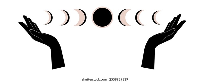 Moon phases. Mysterious stages of moonlight activity, hand drawn sacred geometry of the moon, magical symbols of astrology. Vector illustration of moon phases in human hands