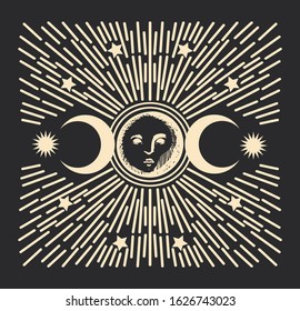 moon phases mystical retro vector illustration in vintage engraving style.