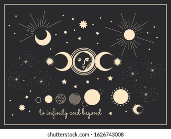 moon phases mystical vector illustration in vintage engraving style, with planets the sun and stars