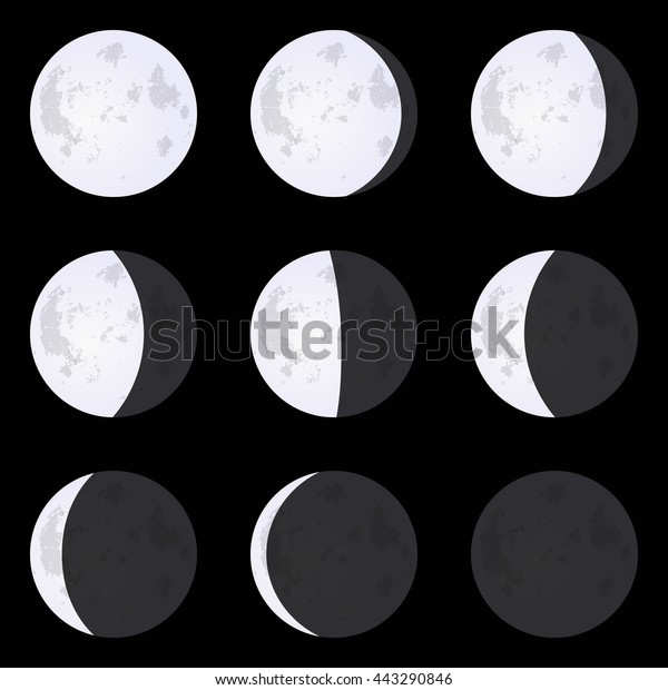月相 新月満月三日月日食ベクターイラストのセット 地球衛星 夜空またはコスモデザイン カレンダーや天体予報の月の輪郭のコレクション のベクター画像素材 ロイヤリティフリー