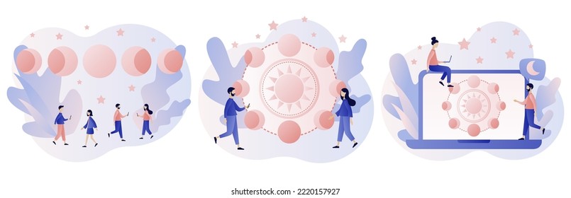 Moon phases. Night space astronomy. Magic lunar witchcraft card. Astrology concept. Modern flat cartoon style. Vector illustration on white background
