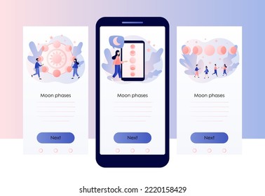 Moon phases. Night space astronomy. Magic lunar witchcraft card. Astrology concept. Screen template for mobile, smartphone app. Modern flat cartoon style. Vector illustration

