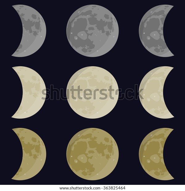 Moon phases. Night vector. Yellow, gray, white\
round. Full, half