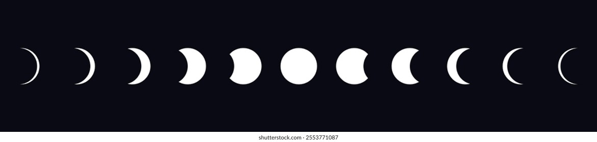 Moon phases on black background. Cartoon lunar phases silhouette icon set. Astronomy sign collection. Full and crescent white moon symbol. Vector illustration