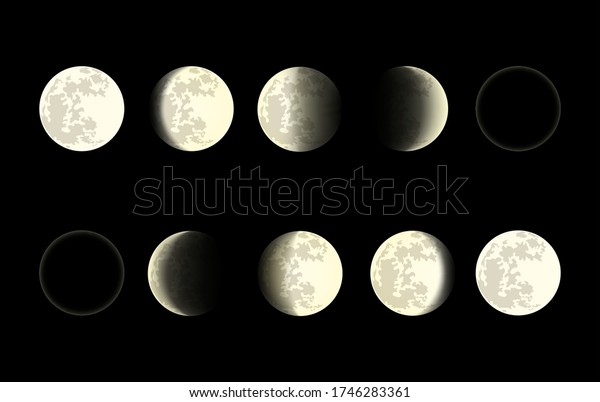 Moon phases on\
black background. Full and half moons with craters, new and old\
crescents on dark sky\
isolated