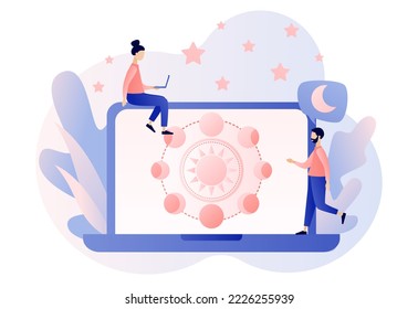 Moon phases on laptop screen. Night space astronomy. Magic lunar witchcraft card. Astrology concept. Modern flat cartoon style. Vector illustration on white background
