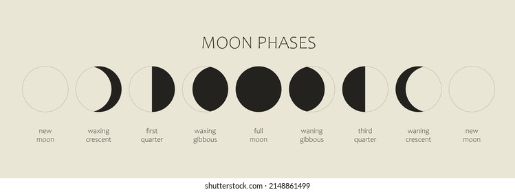 The Moon, Moon Phases on a light background. The whole cycle from the new moon to the full moon. Astronomy and lunar calendar vector illustration