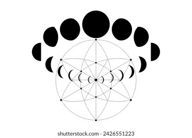 Moon Phases on Sacred Geometry. Mystical drawing geometric energy circles, magic astrology symbols, alchemy, esotericism, occultism sign, black vector isolated on a white background 