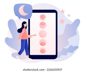 Moon phases on smartphone screen. Night space astronomy. Magic lunar witchcraft card. Astrology concept. Modern flat cartoon style. Vector illustration on white background
