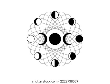 moon phases in orbital circles, triple goddess, crescents moon, spiritual mandala, Sacred Geometry. Wiccan wheel symbol, vector round logo black tattoo isolated on white background