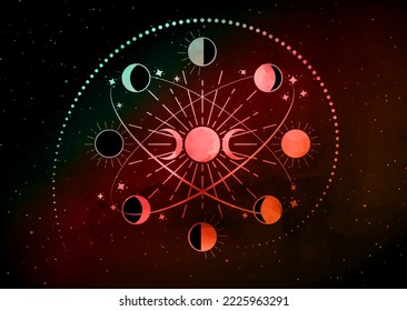 moon phases in orbital circles, triple goddess, crescents moon, spiritual mandala, Sacred Geometry. Wiccan wheel symbol, vector round logo colorful tattoo isolated on black background