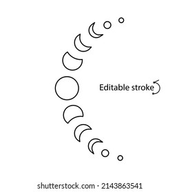 Logo del esquema de las fases de la luna. Emblema de Boho. Cartel bohemio. Estilo de mediados de siglo. Símbolo de contorno lineal personalizable. Trazo editable. Ilustración aislada de las existencias vectoriales