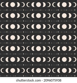 Moon phases pattern repeat stripes in gold and black background. Vector illustration surface design for yoga, spiritual, coaches, tarot and universe lovers.