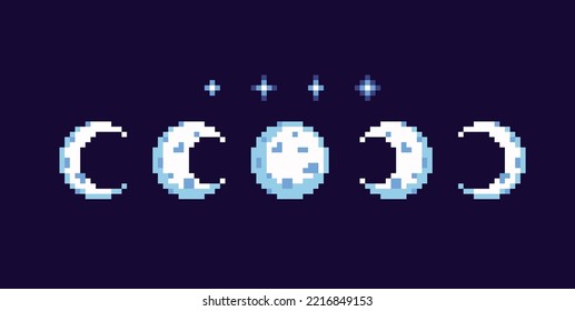 Conjunto de píxeles de las fases de la luna. Colección de ciclos lunares. Elementos astronómicos. Eclipse, media luna y luna llena 8 bits. Desarrollo de juegos, aplicación móvil.  Ilustración vectorial aislada.