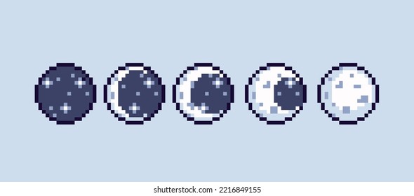 Moon phases pixel art set. Lunar cycles collection. Astronomical elements. Eclipse, crescent and full moon 8 bit sprite. Game development, mobile app.  Isolated vector illustration.