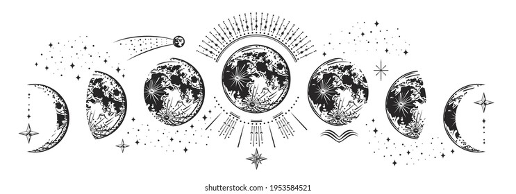 Moon phases of the planet with decorative elements. Astrology or the astronomical space of the galaxy. Stars, radiance.