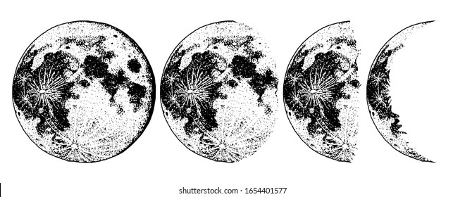 La luna secuela planetas en el sistema solar. Astrología o espacio de galaxia astronómica. Órbita o círculo. Dibujo a mano grabado en boceto antiguo, estilo vintage para la etiqueta.