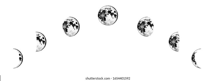 Moon Phases Planets In Solar System. Astrology Or Astronomical Galaxy Space. Orbit Or Circle. Engraved Hand Drawn In Old Sketch, Vintage Style For Label.