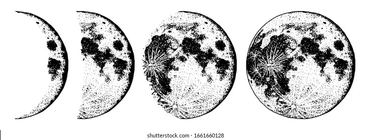 La luna secuela planetas en el sistema solar. Astrología o espacio de galaxia astronómica. Órbita o círculo. Dibujo a mano grabado en boceto antiguo, estilo vintage para la etiqueta.