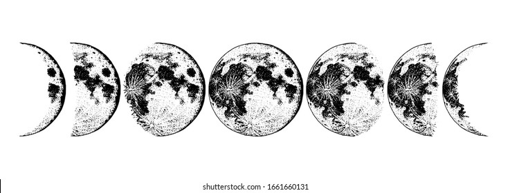 Moon Phases Planets In Solar System. Astrology Or Astronomical Galaxy Space. Orbit Or Circle. Engraved Hand Drawn In Old Sketch, Vintage Style For Label.