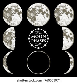 Moon phases planets in solar system. astrology or astronomical galaxy space. orbit or circle. engraved hand drawn in old sketch, vintage style for label.