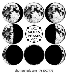 Moon phases planets in solar system. astrology or astronomical galaxy space. orbit or circle. engraved hand drawn in old sketch, vintage style for label.