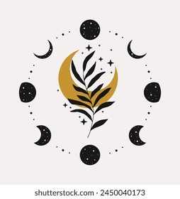 Moon phases print. Leaves and crescent. Elegant illustration.